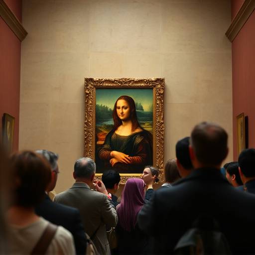 A dimly lit room with visitors admiring the Mona Lisa behind protective glass.