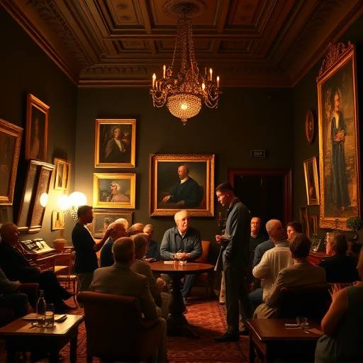 An 18th-century salon scene with people gathered around a table, discussing art and philosophy.