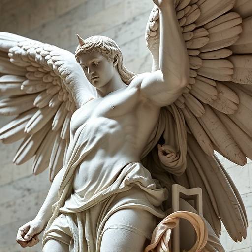 Close-up view of the Winged Victory of Samothrace, highlighting the texture of the marble and the dynamic pose.